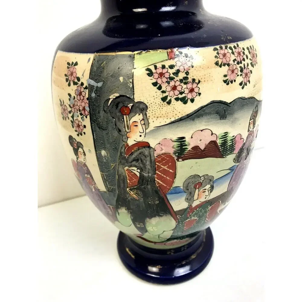 Japanese Vase 12' Geisha Girls Blue Gold Ancient Scene Asian Art Ceramic